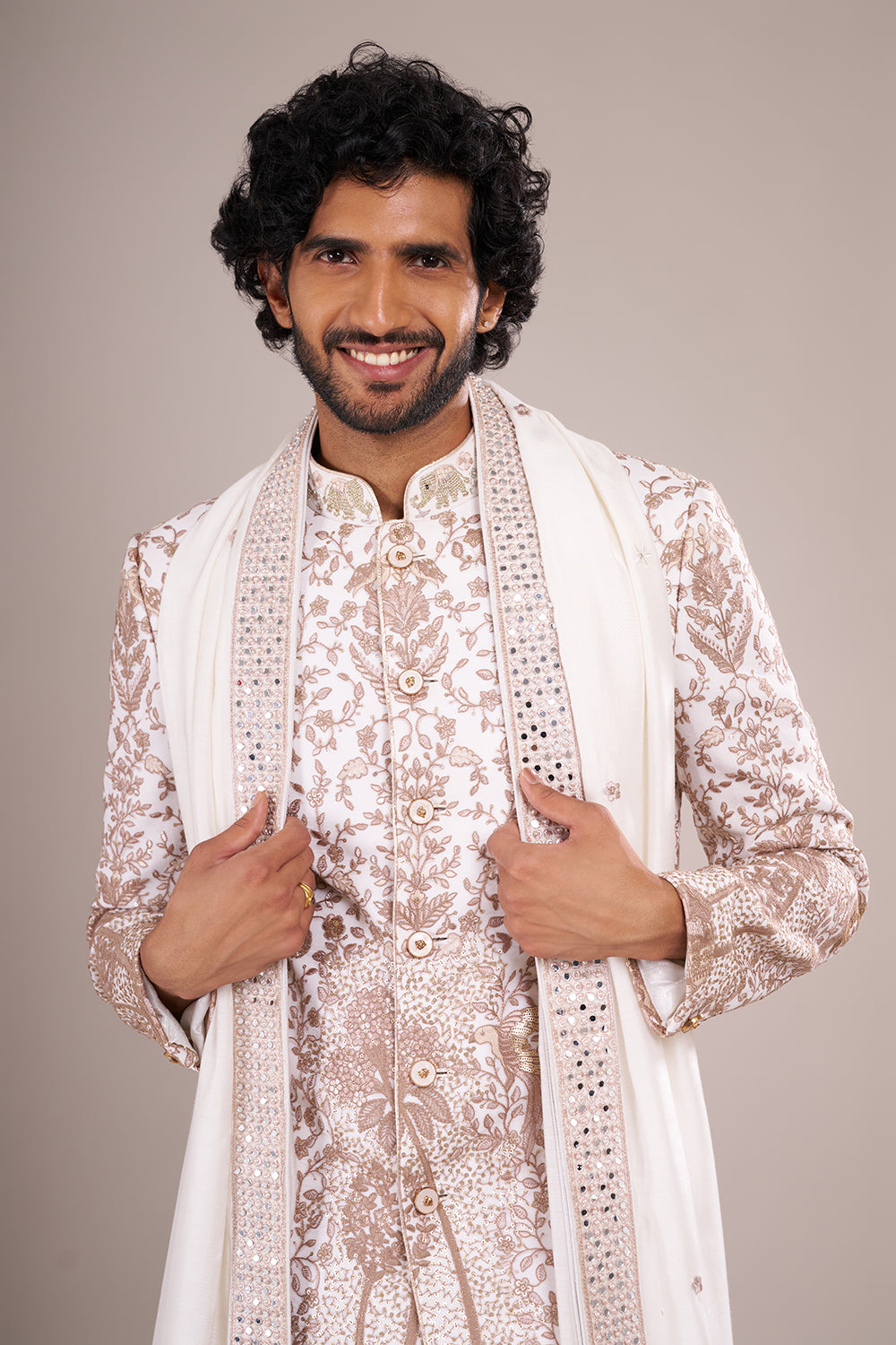 Ivory Silk Blend Men's Kurta Set with Zari Work