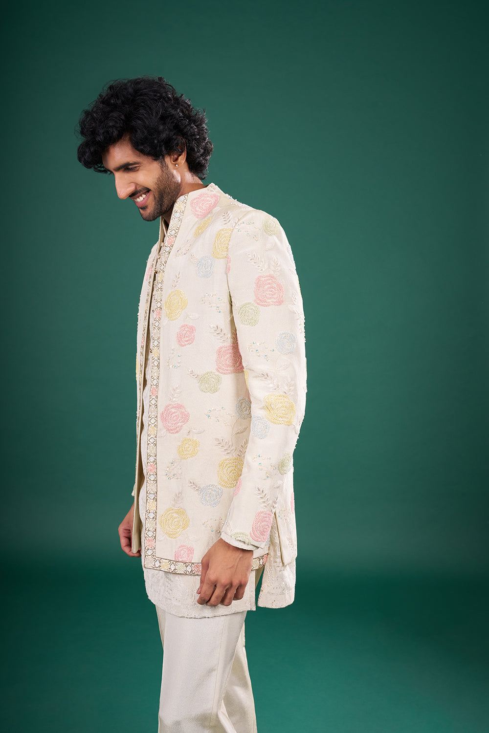 Ivory Raw Silk Bundi Jacket Set with Thread Work