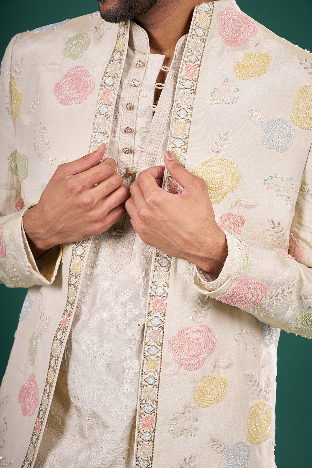 Ivory Raw Silk Bundi Jacket Set with Thread Work
