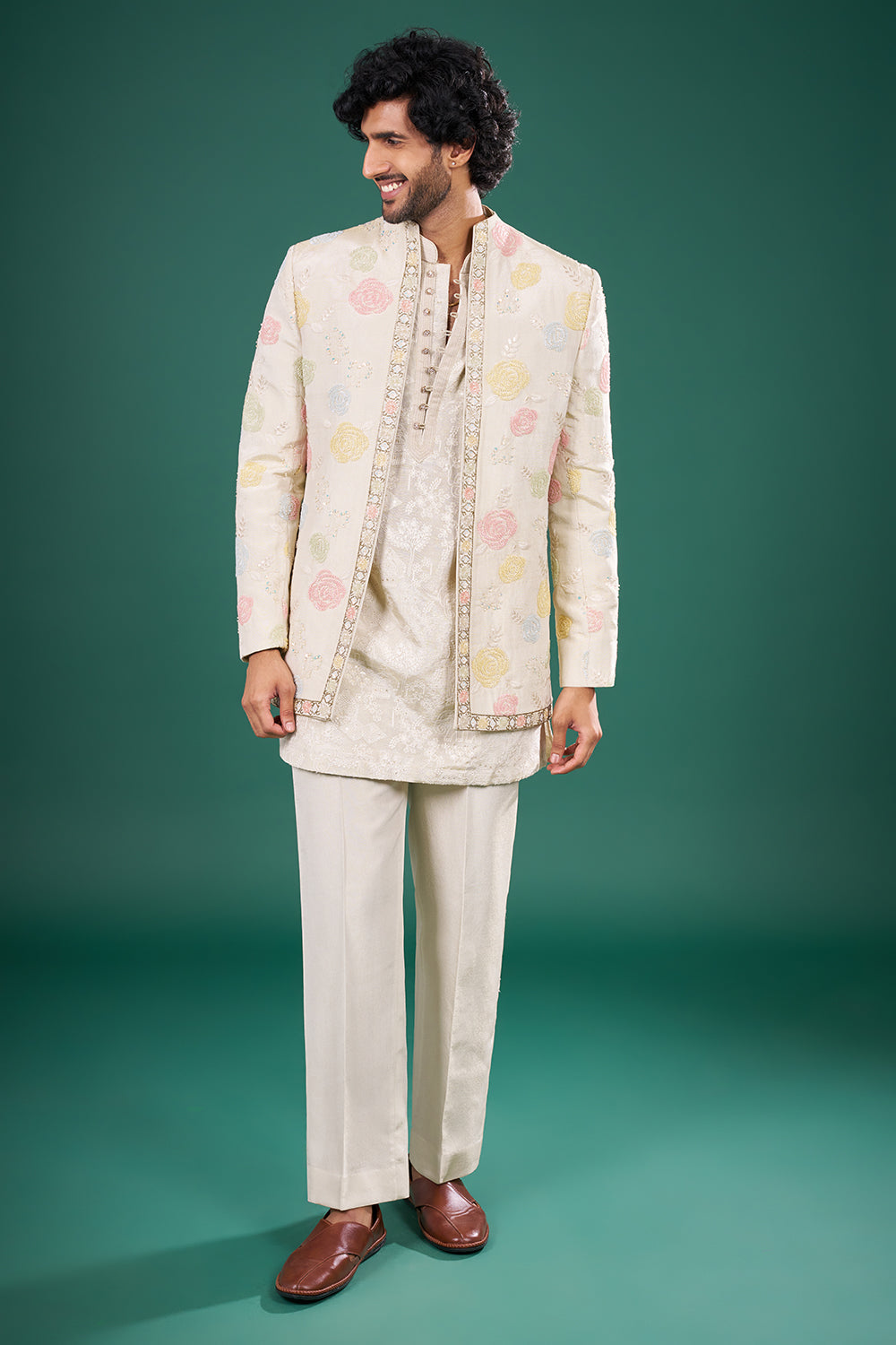 Ivory Raw Silk Bundi Jacket Set with Thread Work