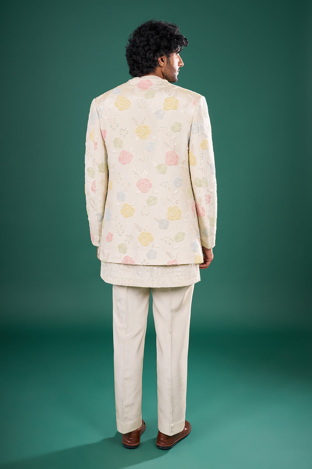 Ivory Raw Silk Bundi Jacket Set with Thread Work