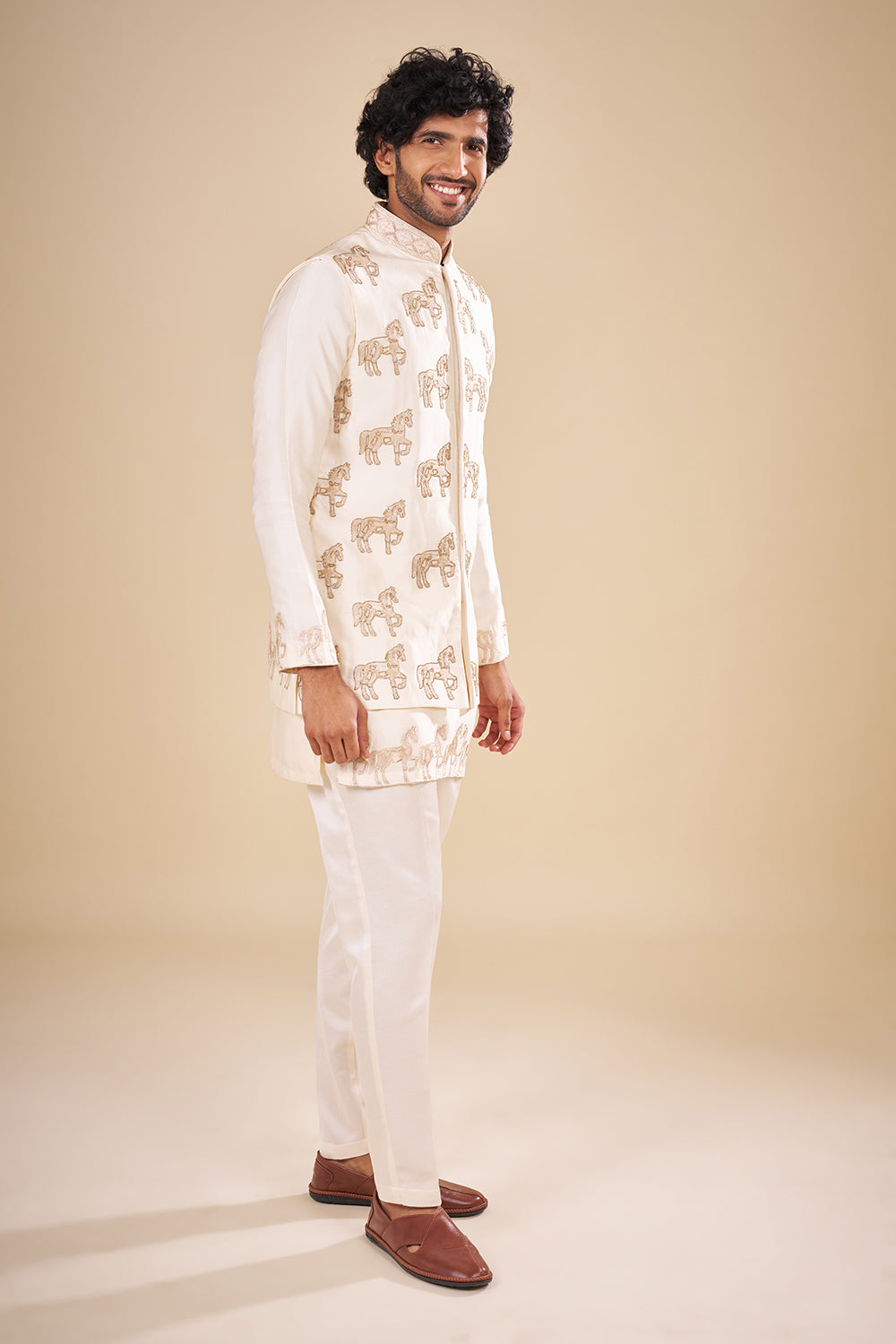Ivory Silk Men Bundi Set with Zari Embroidery