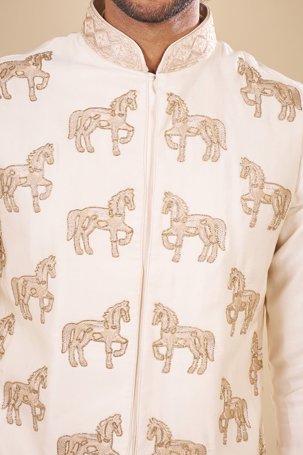 Ivory Silk Men Bundi Set with Zari Embroidery