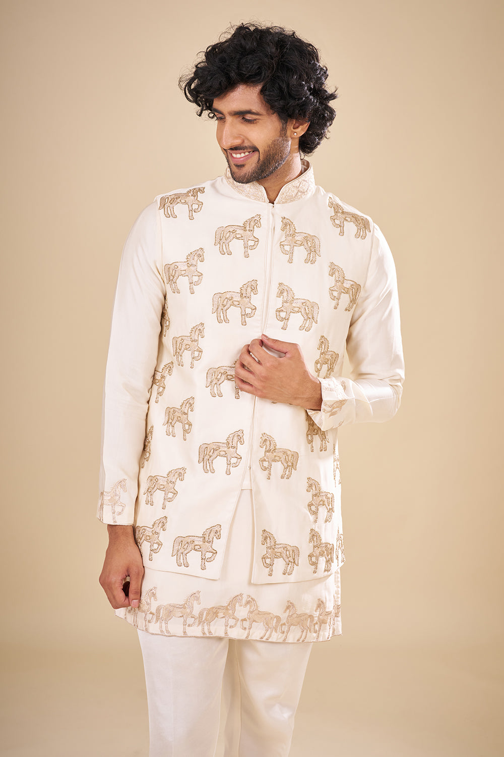 Ivory Silk Men Bundi Set with Zari Embroidery