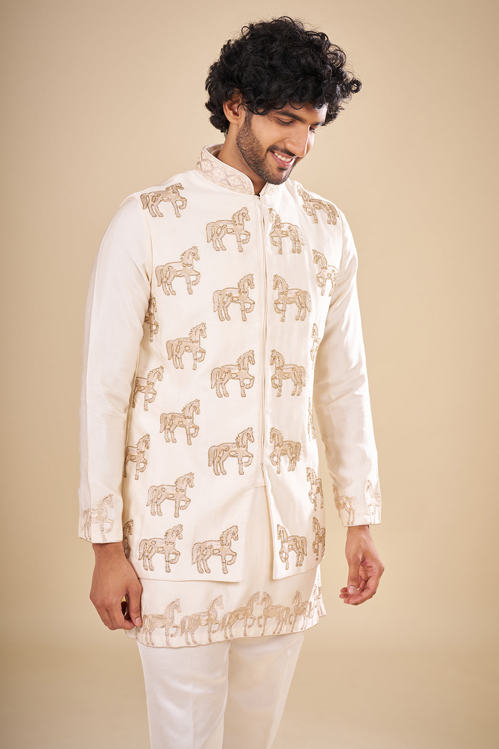 Ivory Silk Men Bundi Set with Zari Embroidery