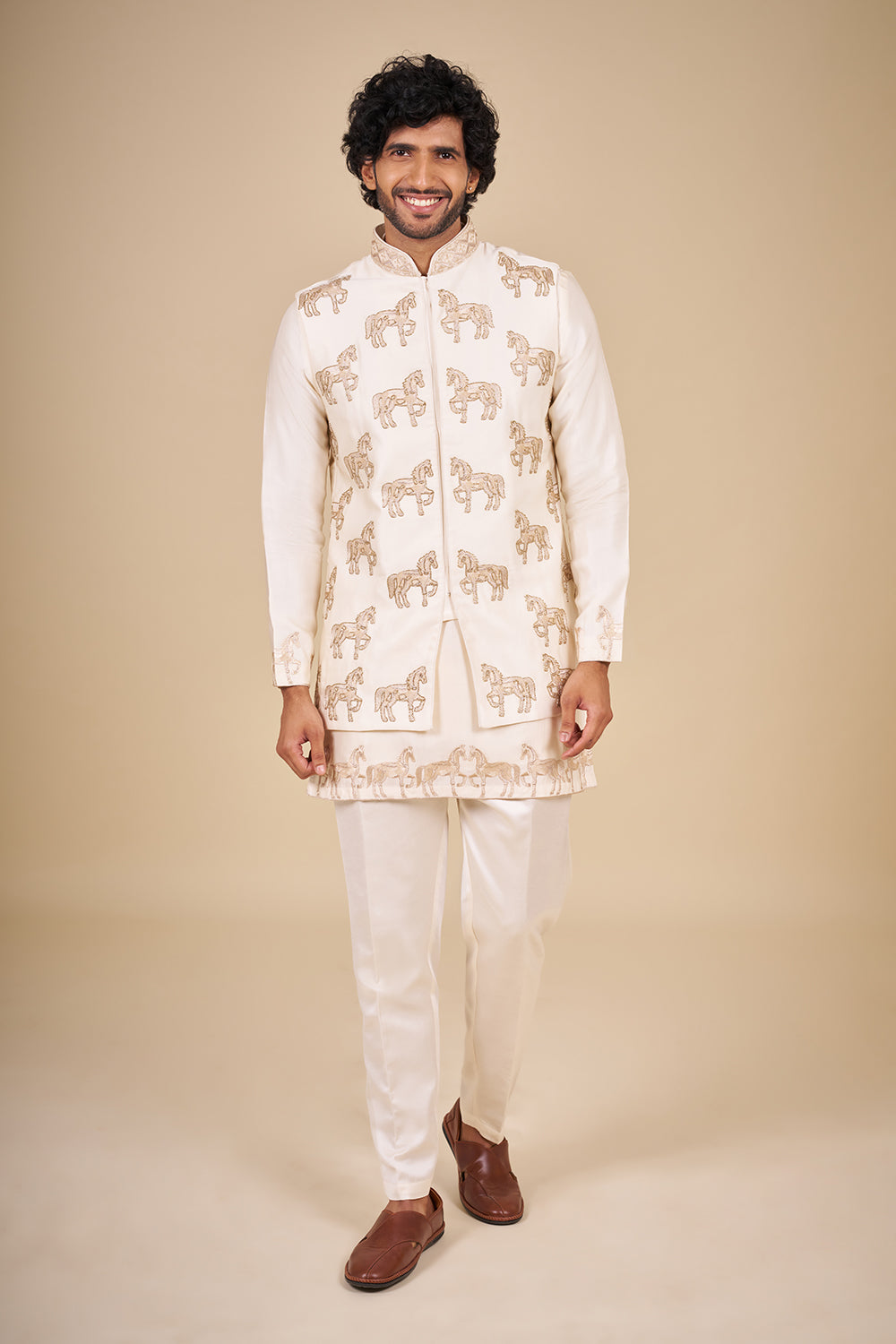 Ivory Silk Men Bundi Set with Zari Embroidery