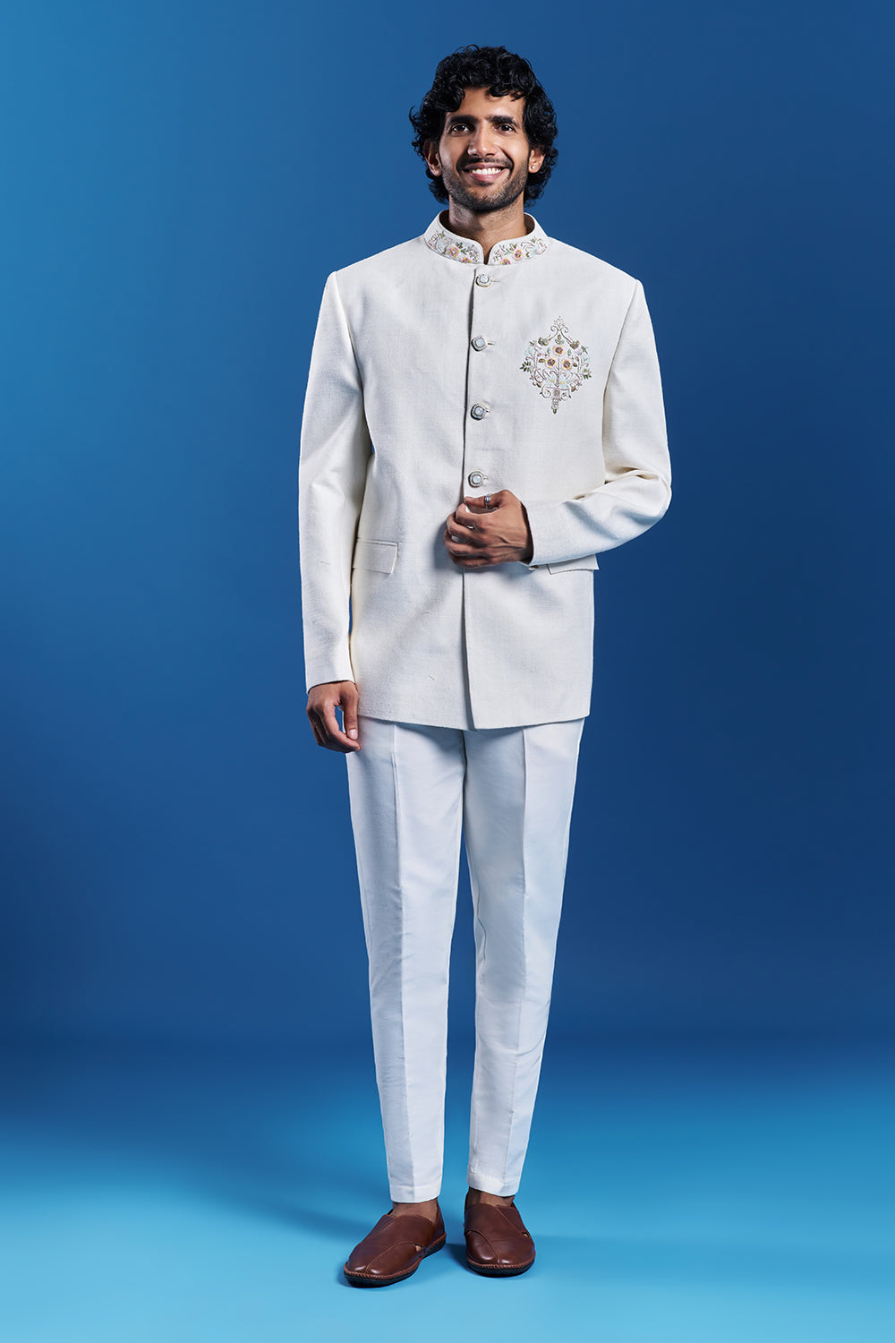 Ivory Silk Embroidered Bandhgala Set
