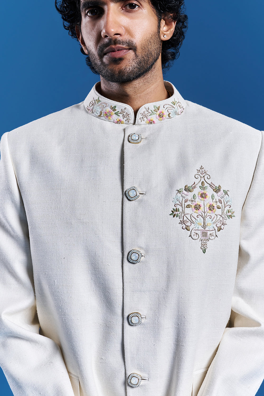 Ivory Silk Embroidered Bandhgala Set