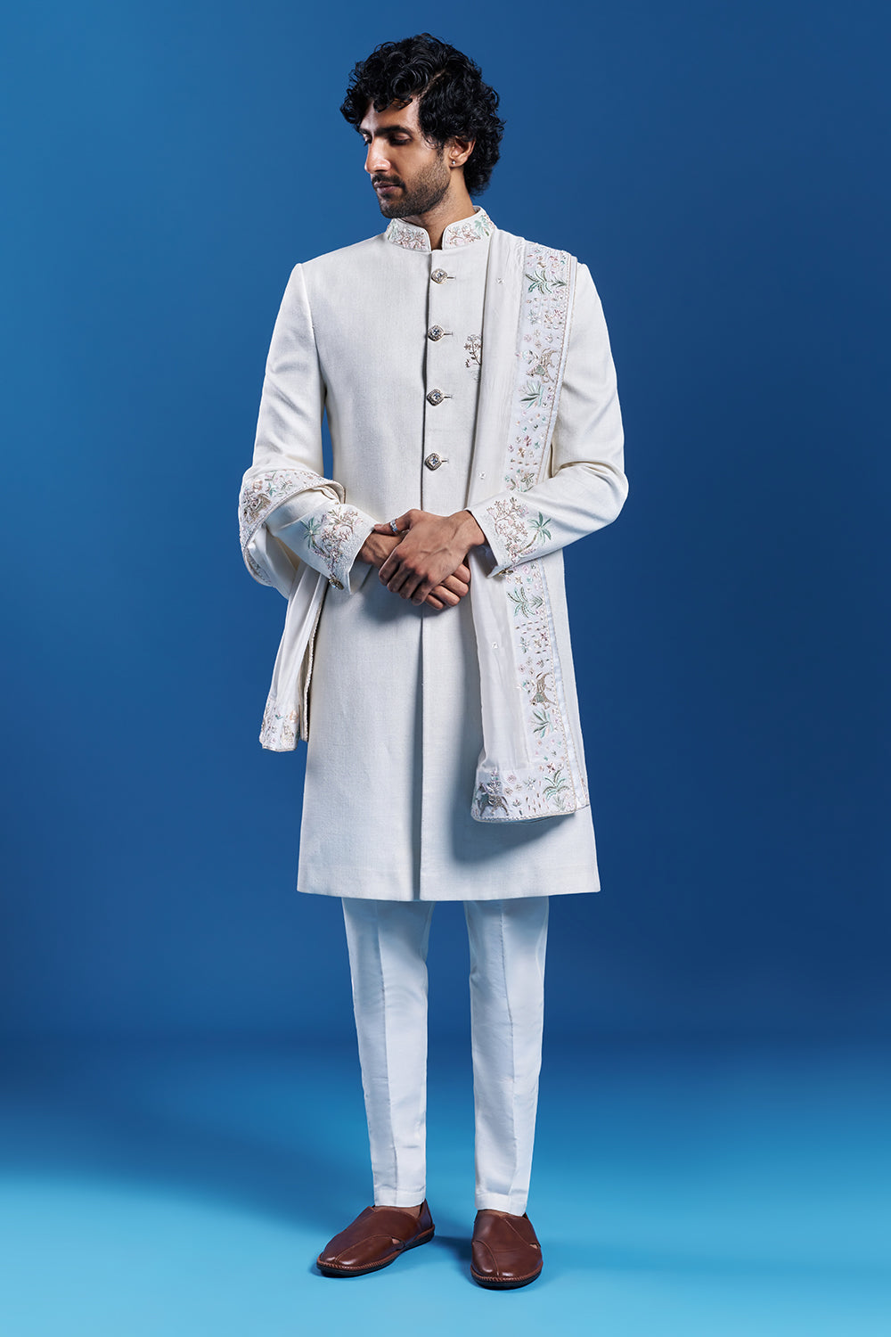 Ivory Silk Embroidered Sherwani Set