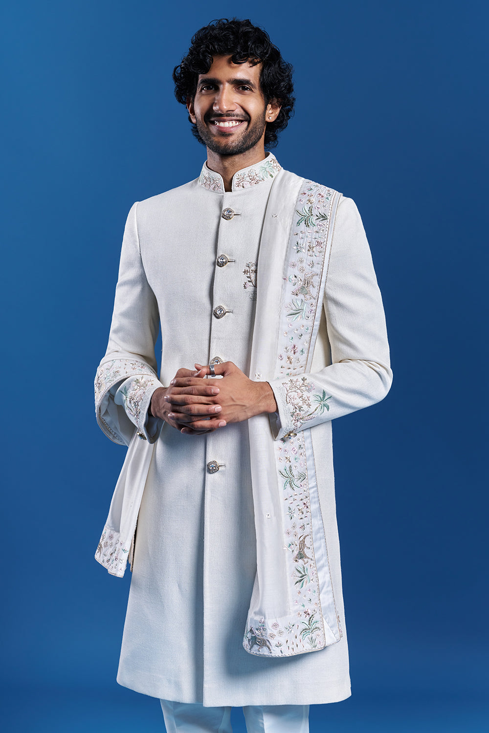 Ivory Silk Embroidered Sherwani Set