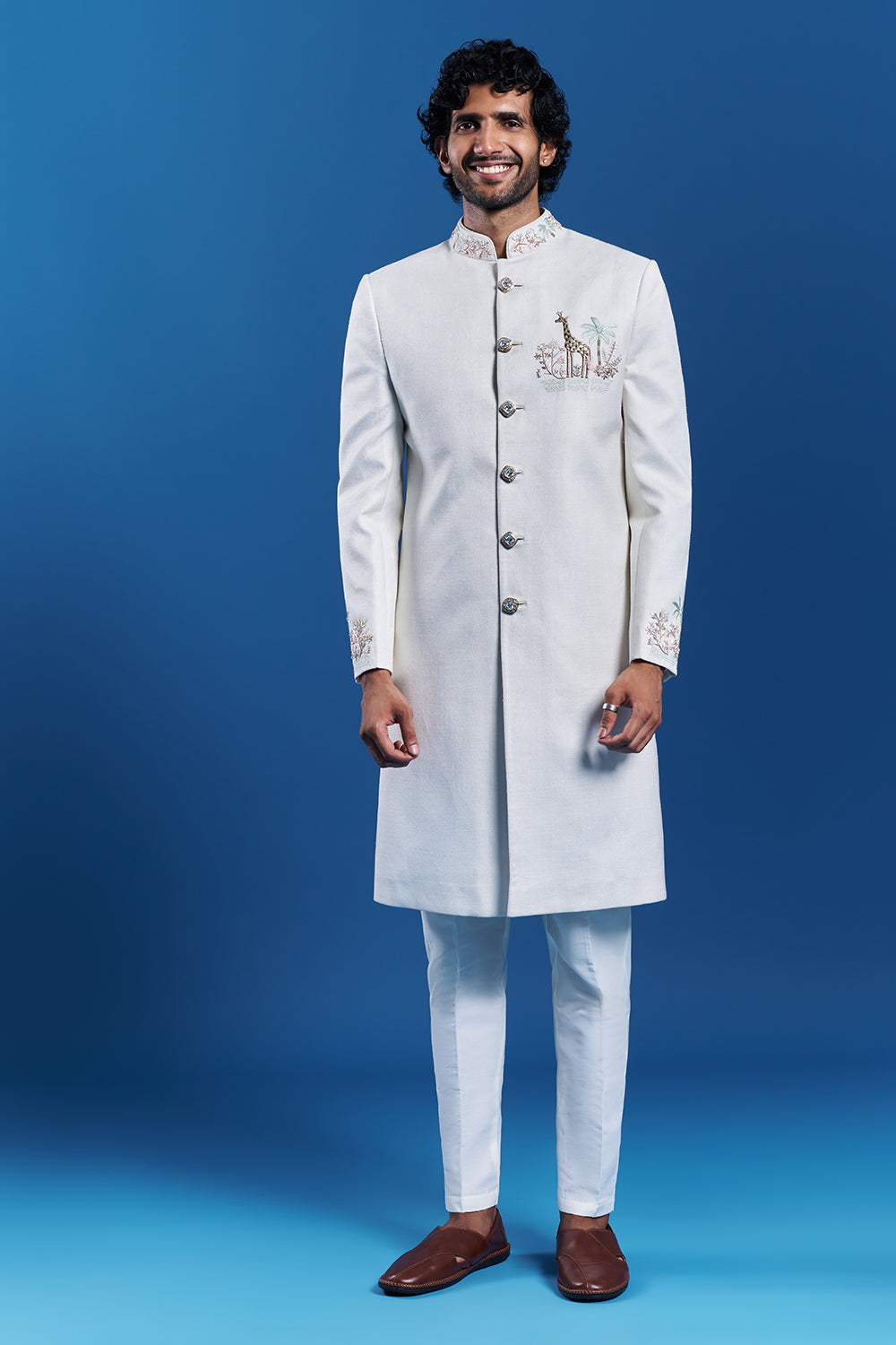 Ivory Silk Embroidered Sherwani Set