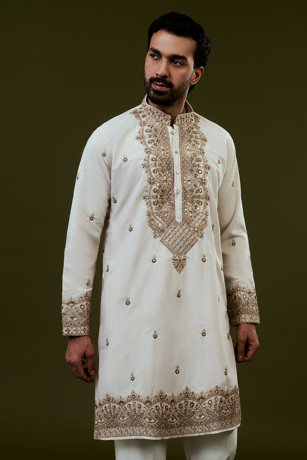 Ivory Silk Mens Kurta Set with Zardosi Work