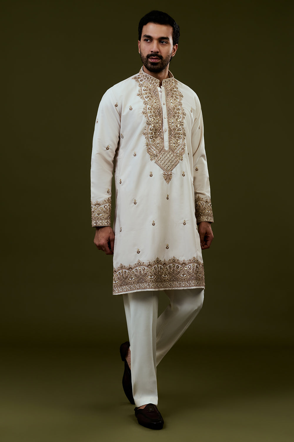Ivory Silk Mens Kurta Set with Zardosi Work