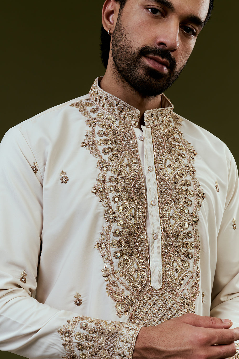 Ivory Silk Mens Kurta Set with Zardosi Work