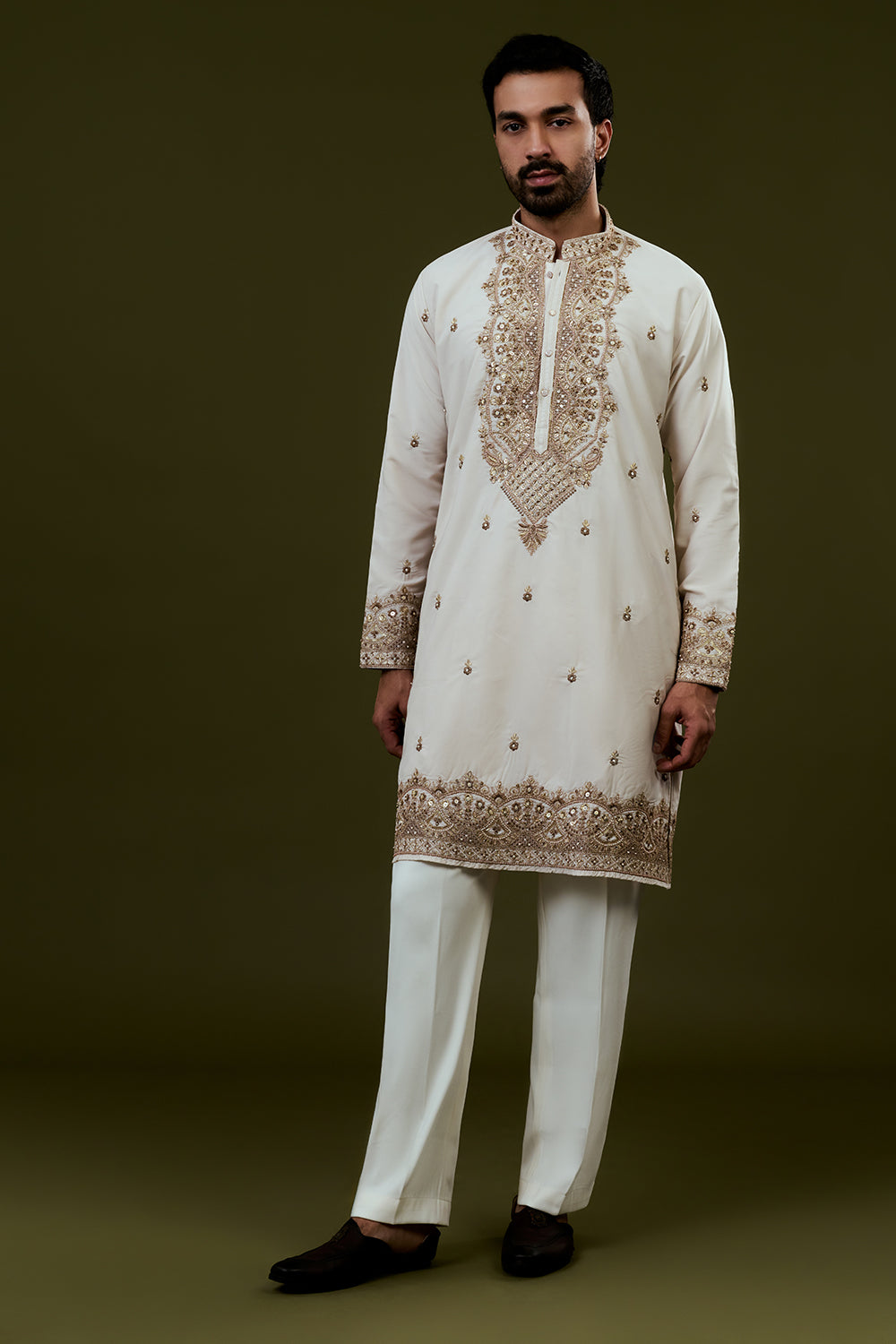 Ivory Silk Mens Kurta Set with Zardosi Work