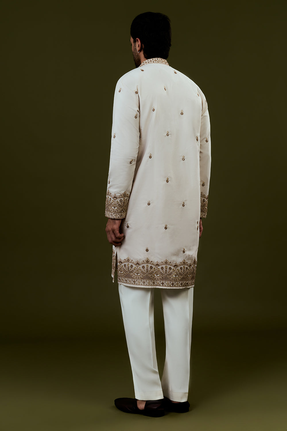 Ivory Silk Mens Kurta Set with Zardosi Work