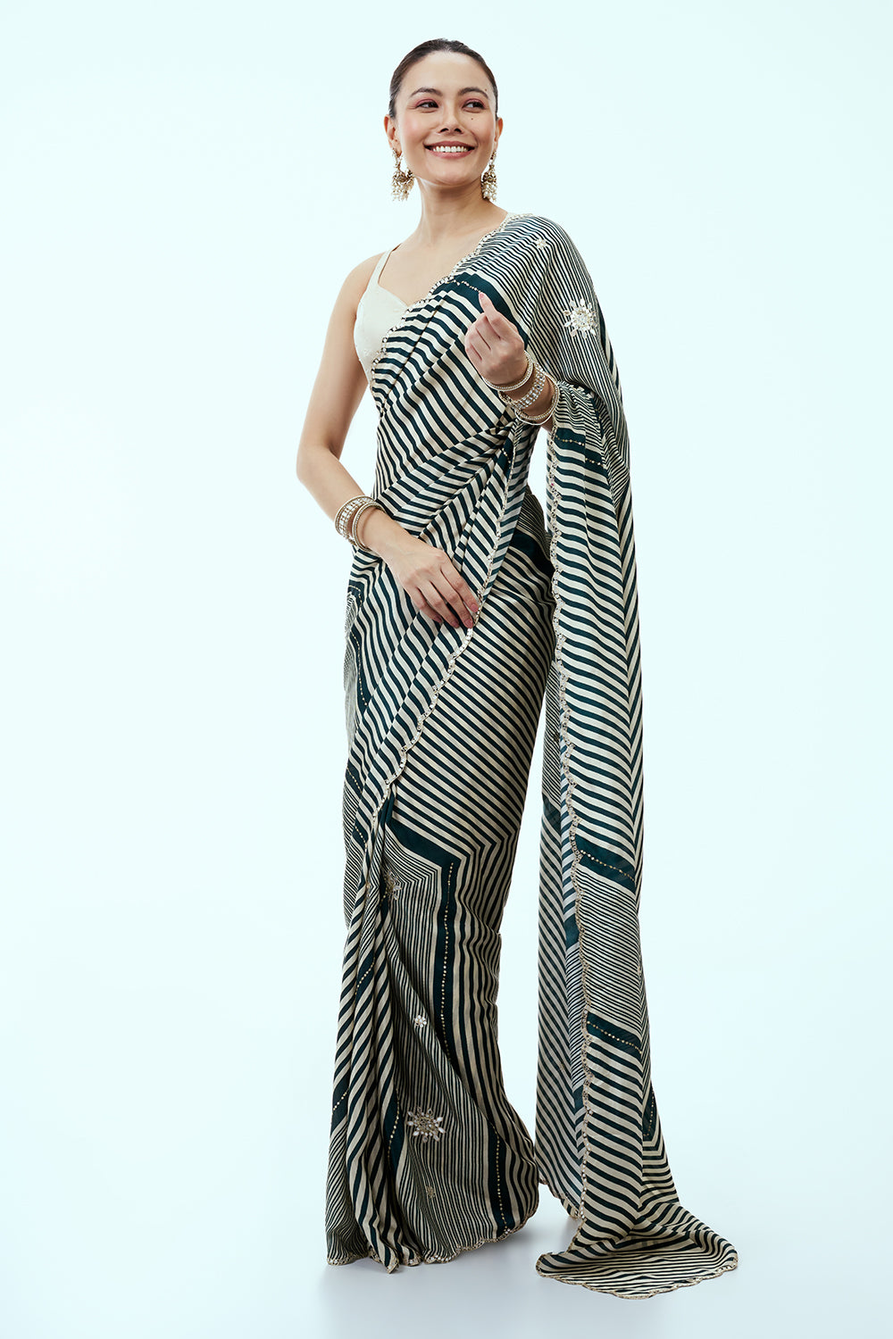 Ivory Silk Saree with Chevron Stripes and Unstitched Blouse