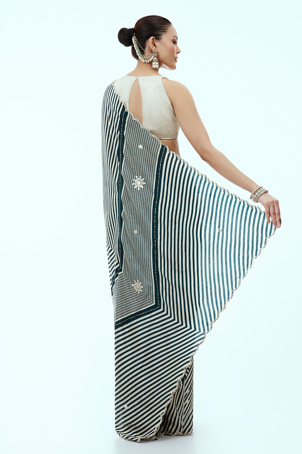 Ivory Silk Saree with Chevron Stripes and Unstitched Blouse