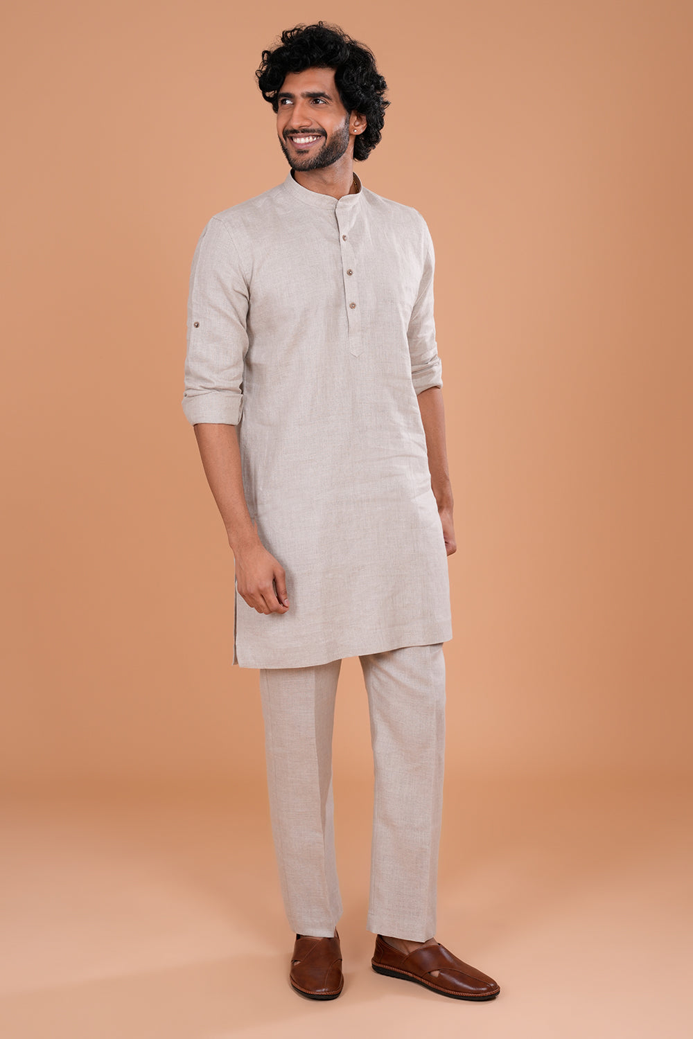 Ivory Textured Linen Men's Kurta Set