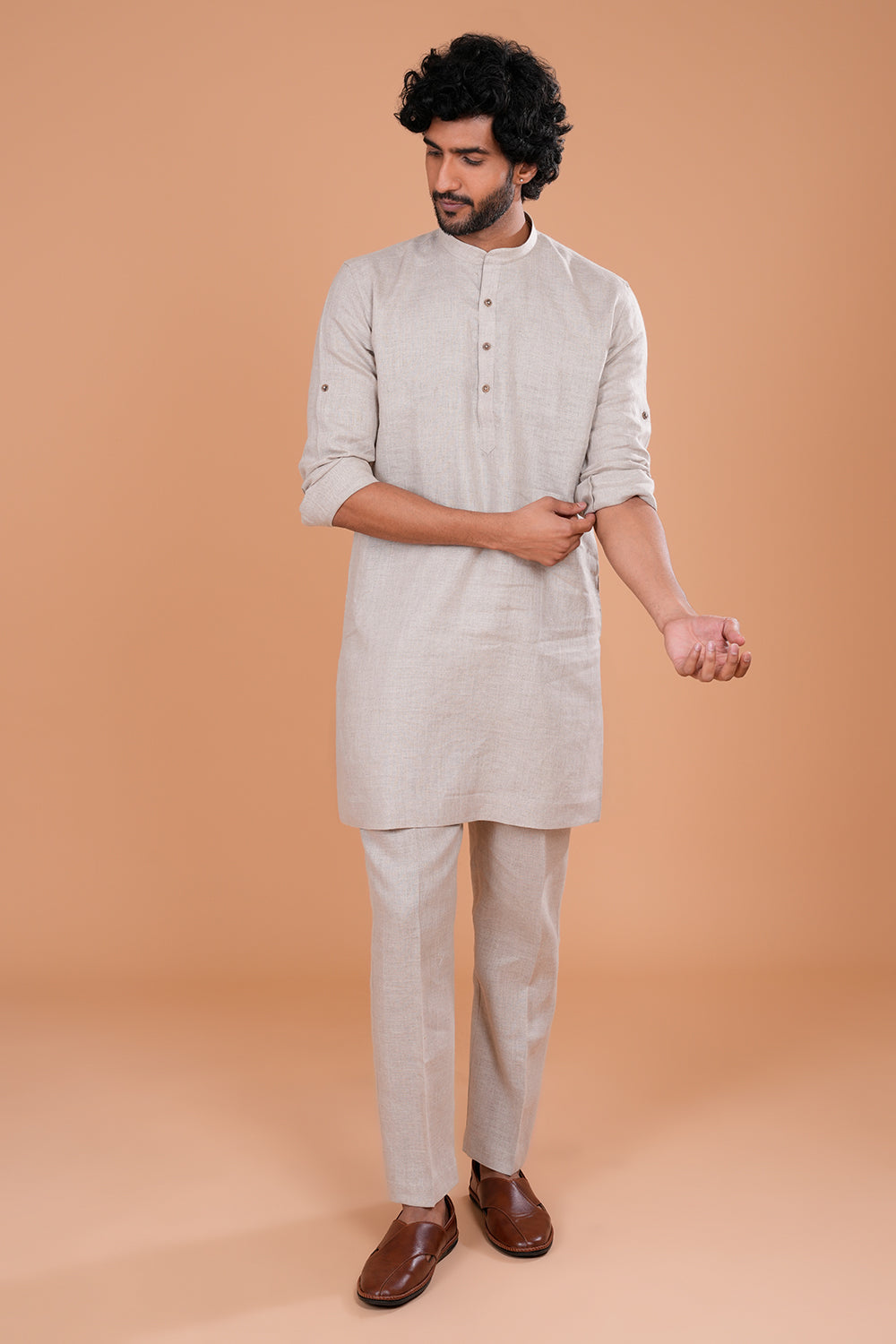 Ivory Textured Linen Men's Kurta Set