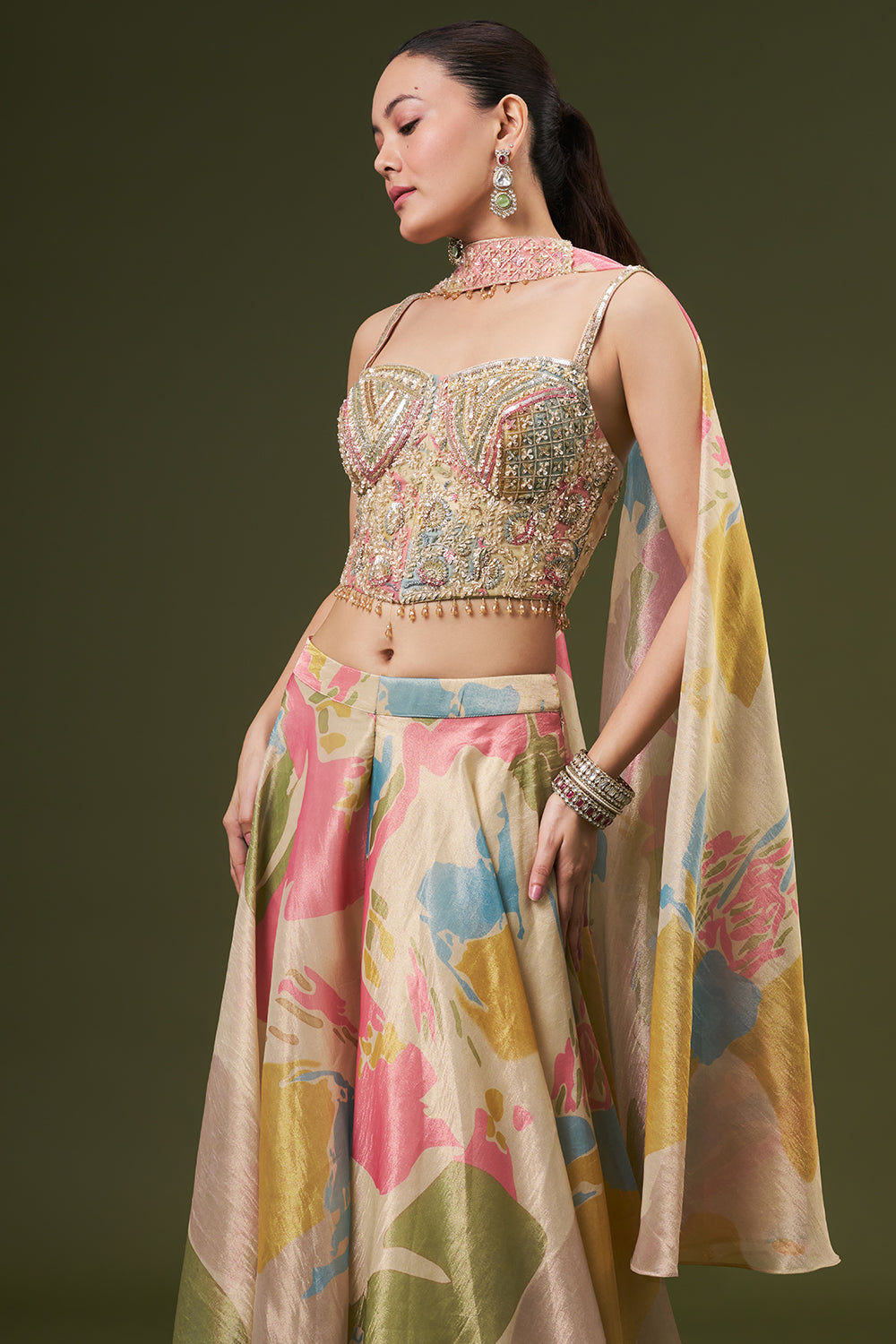 Ivory Tissue Crop Top Style Suit with Pearl and Cutdana Work