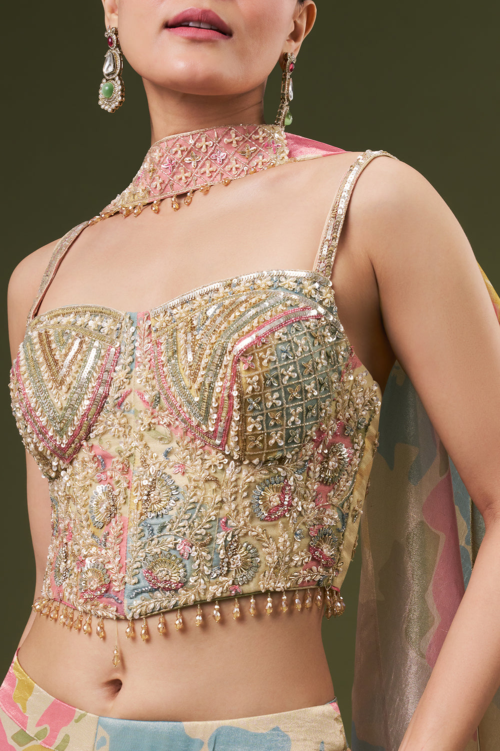 Ivory Tissue Crop Top Style Suit with Pearl and Cutdana Work