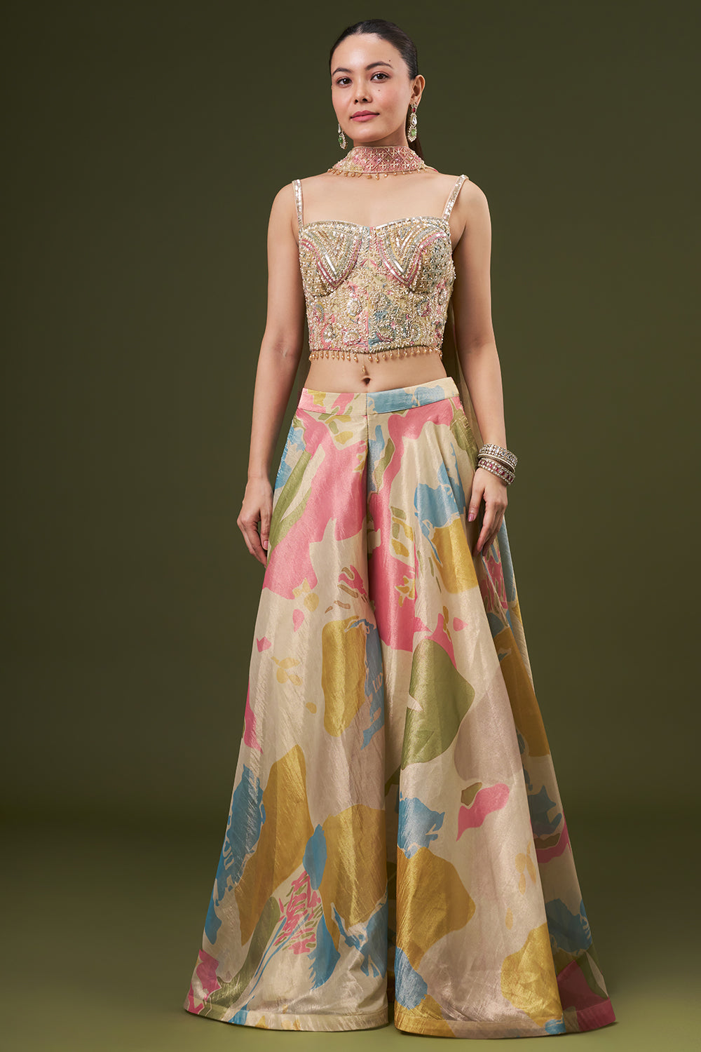 Ivory Tissue Crop Top Style Suit with Pearl and Cutdana Work