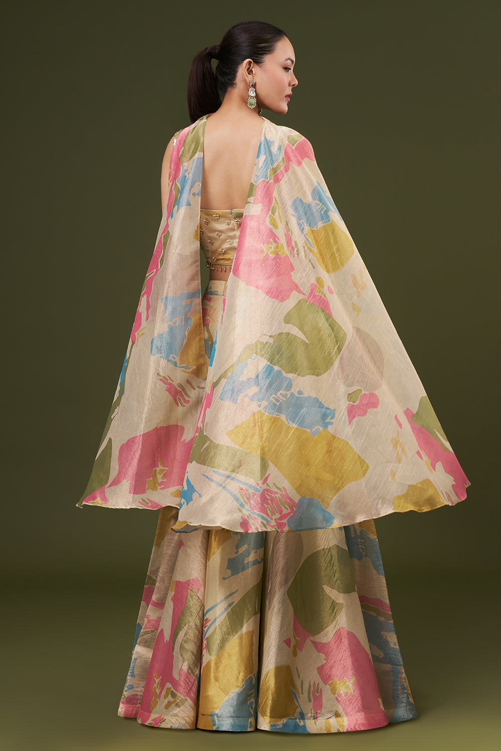 Ivory Tissue Crop Top Style Suit with Pearl and Cutdana Work