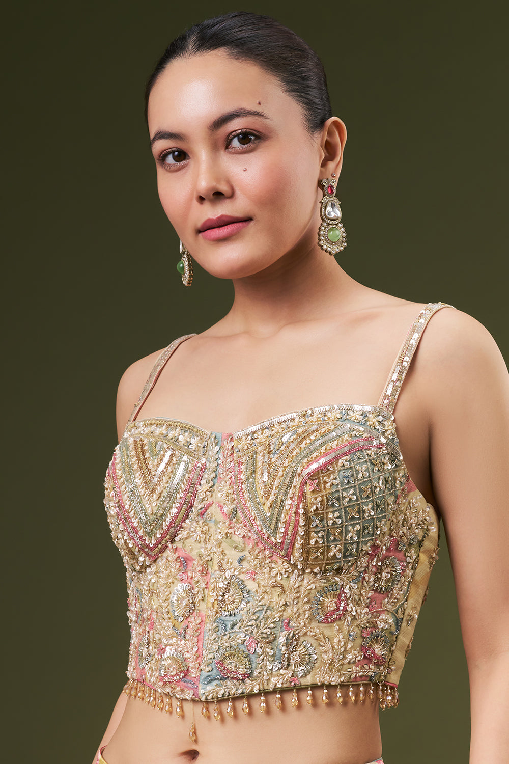 Ivory Tissue Crop Top Style Suit with Pearl and Cutdana Work