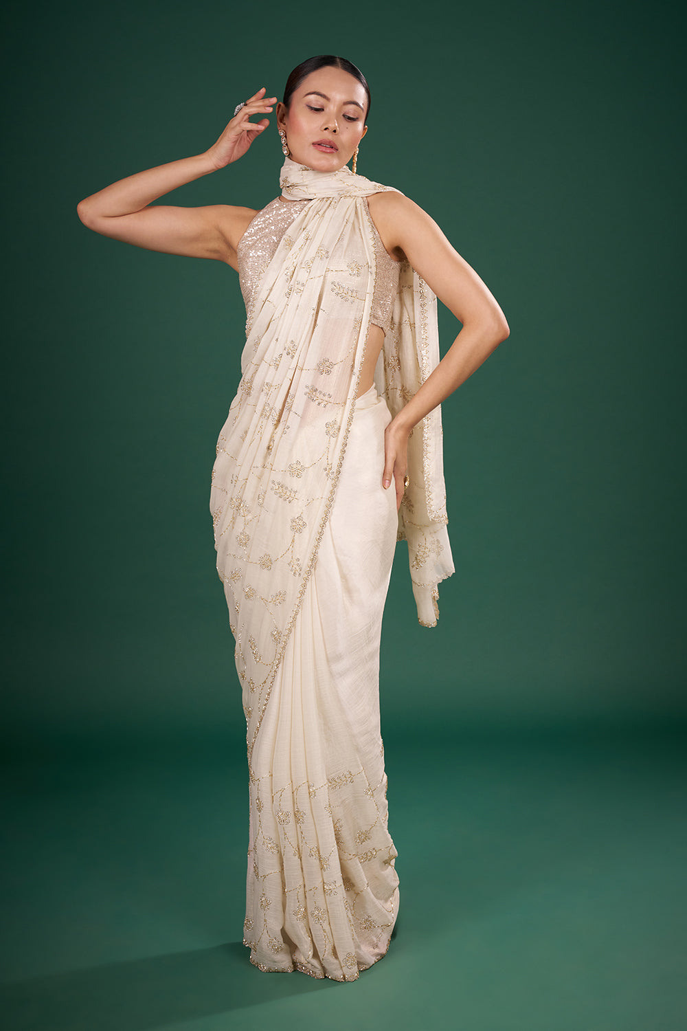 Ivory Tissue Saree with Floral Beadwork and and Unstitched Blouse