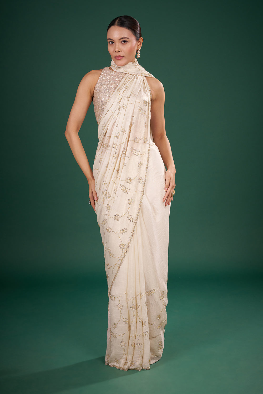 Ivory Tissue Saree with Floral Beadwork and and Unstitched Blouse