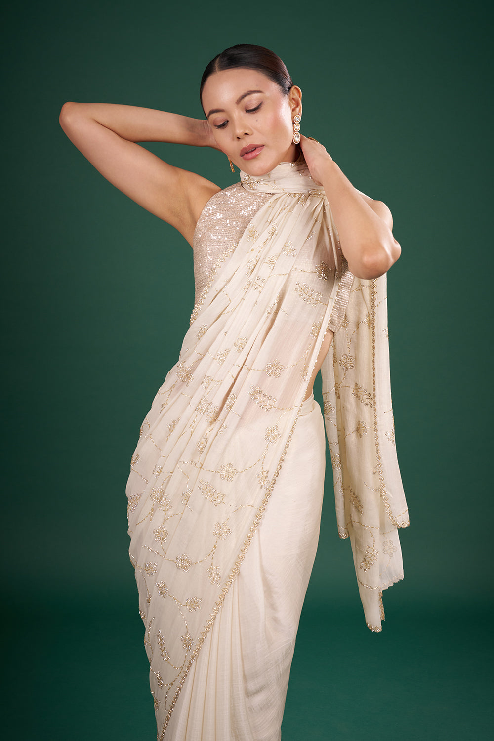 Ivory Tissue Saree with Floral Beadwork and and Unstitched Blouse