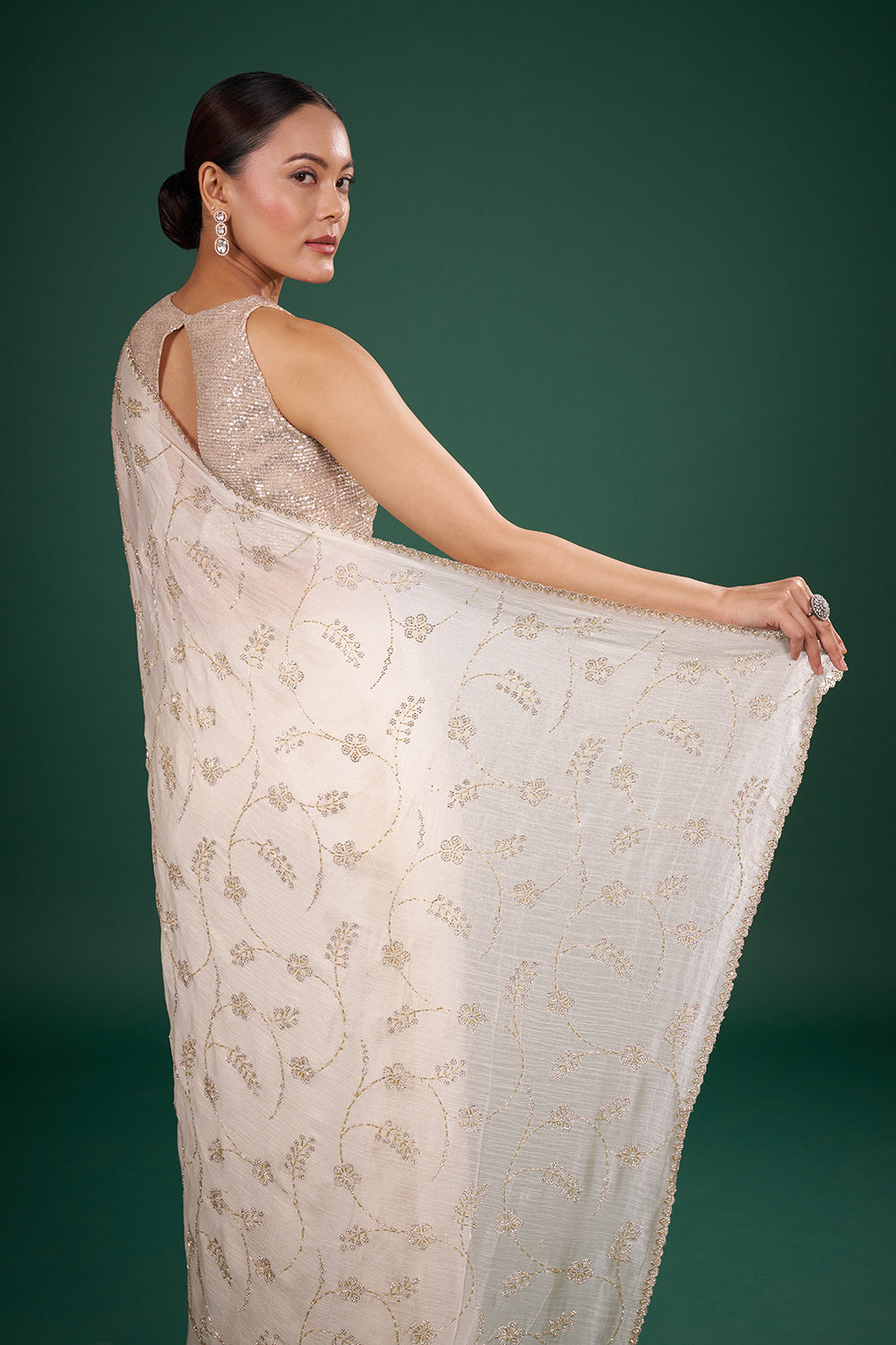 Ivory Tissue Saree with Floral Beadwork and and Unstitched Blouse
