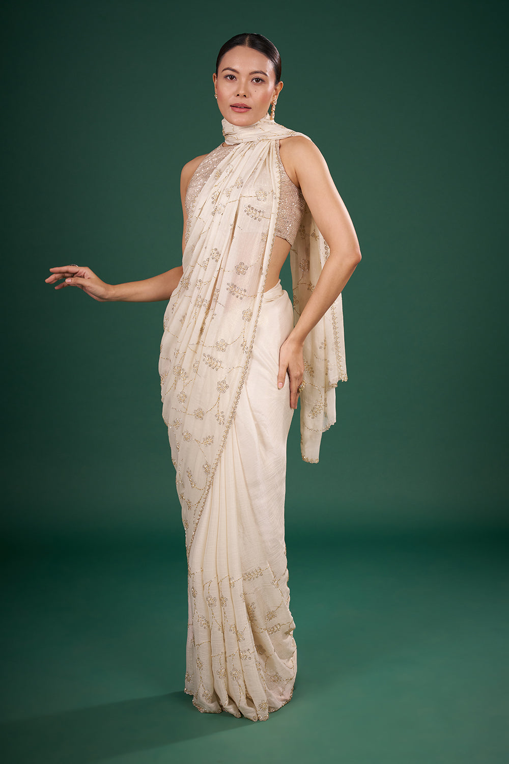 Ivory Tissue Saree with Floral Beadwork and and Unstitched Blouse