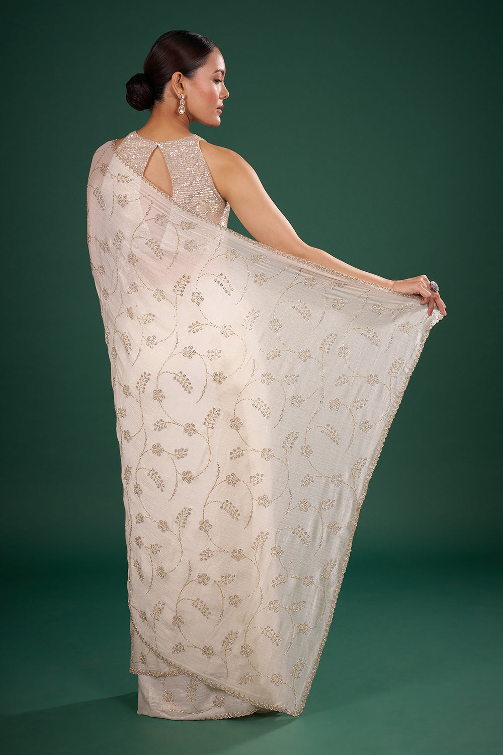 Ivory Tissue Saree with Floral Beadwork and and Unstitched Blouse
