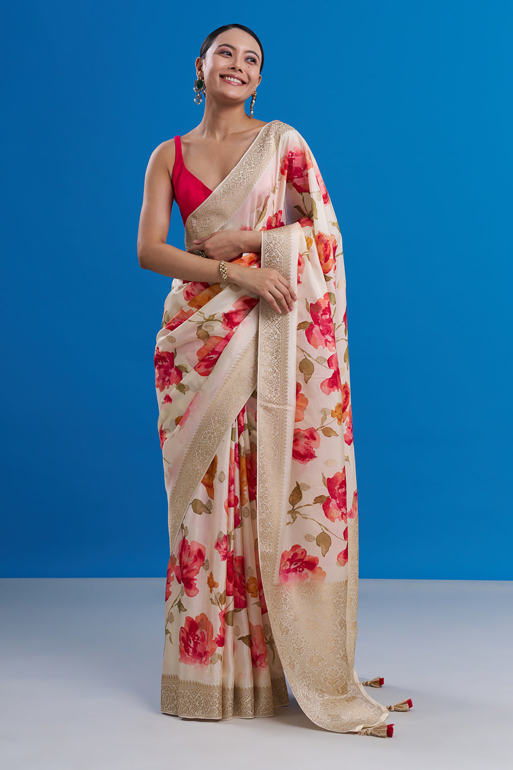 Ivory Tissue Silk Saree with Golden Border And Unstitched Blouse
