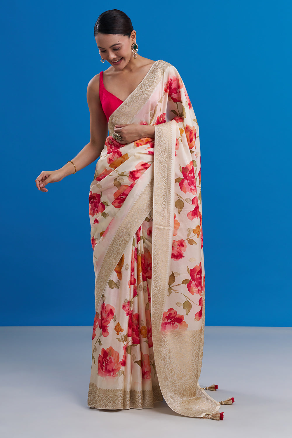 Ivory Tissue Silk Saree with Golden Border And Unstitched Blouse