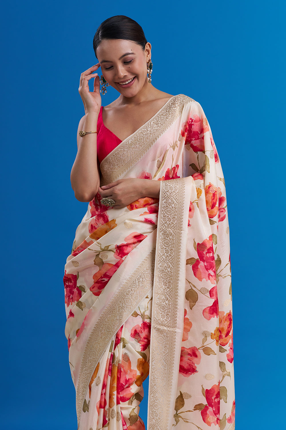 Ivory Tissue Silk Saree with Golden Border And Unstitched Blouse