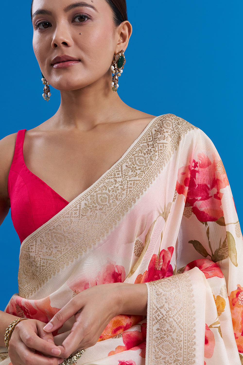 Ivory Tissue Silk Saree with Golden Border And Unstitched Blouse