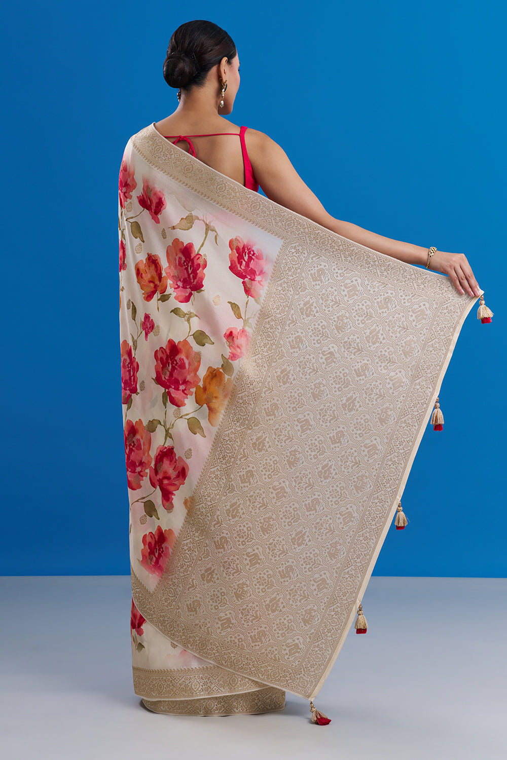 Ivory Tissue Silk Saree with Golden Border And Unstitched Blouse