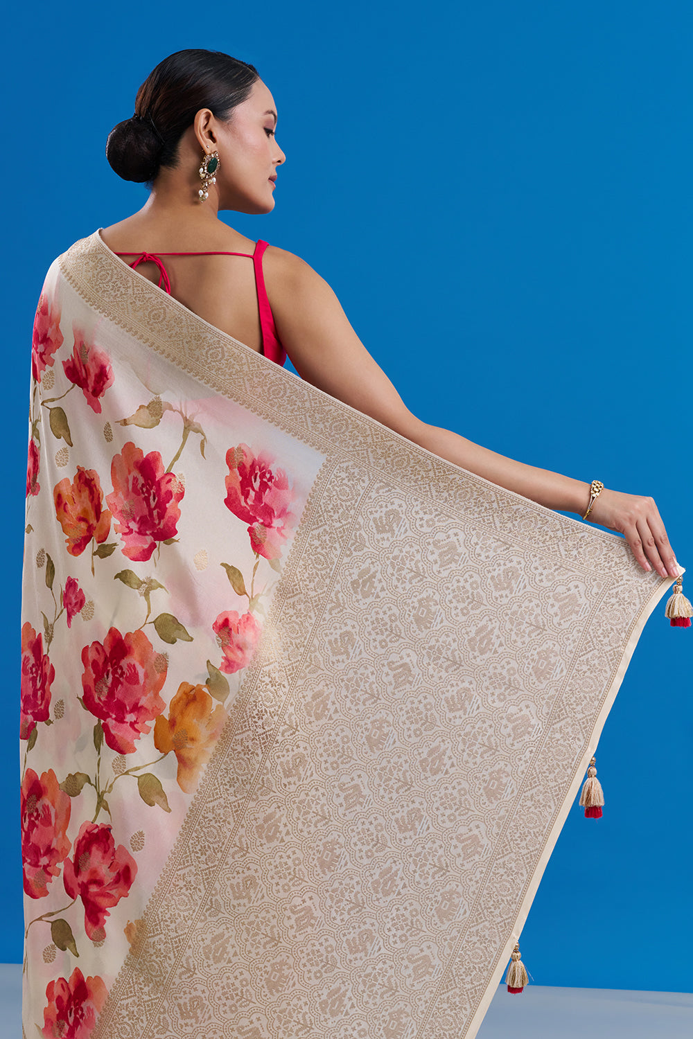 Ivory Tissue Silk Saree with Golden Border And Unstitched Blouse