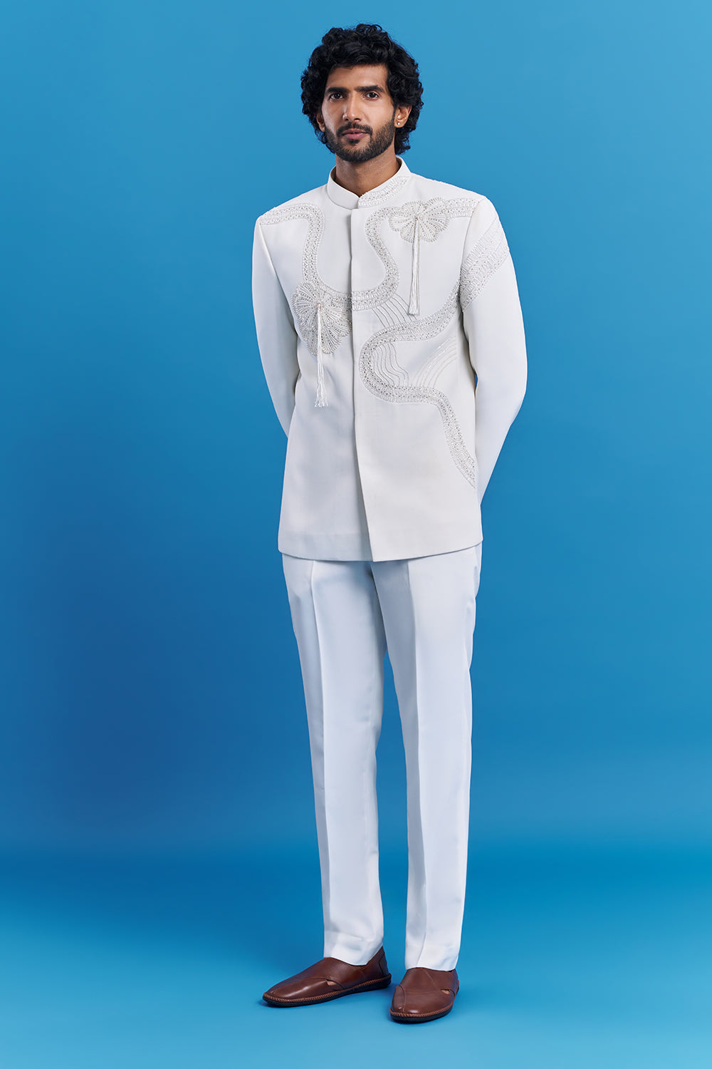Ivory White Cord Embroidered Men's Indo-Western Suit