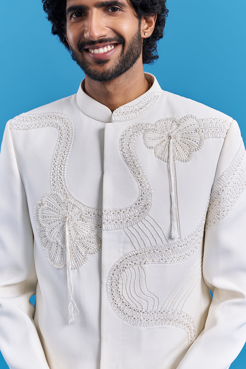 Ivory White Cord Embroidered Men's Indo-Western Suit