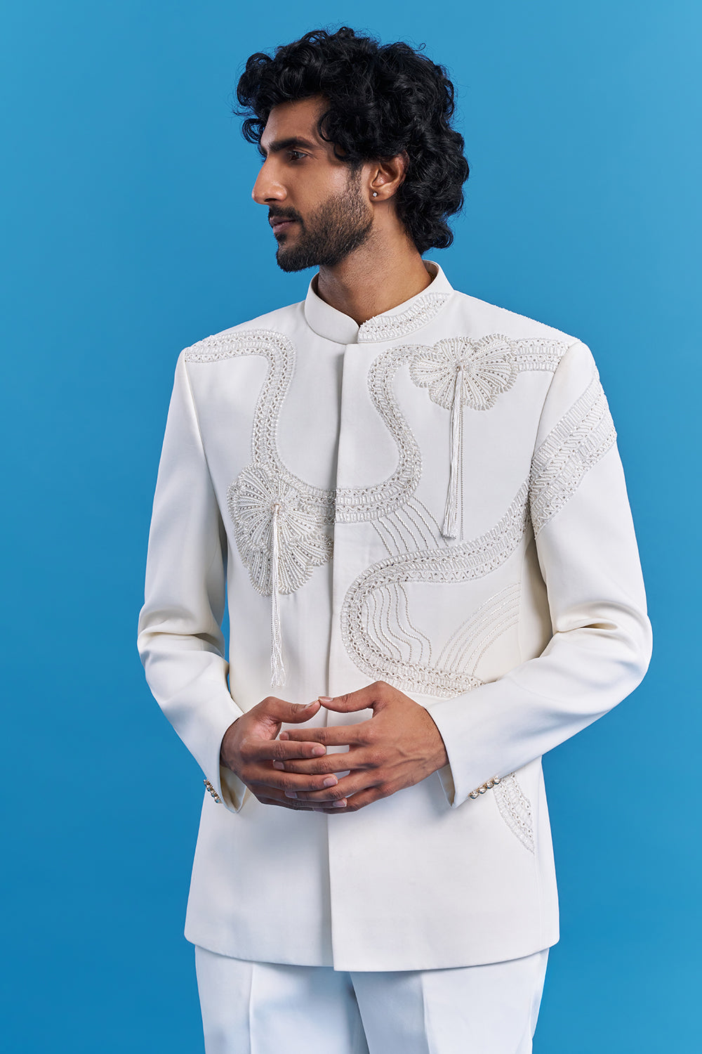 Ivory White Cord Embroidered Men's Indo-Western Suit