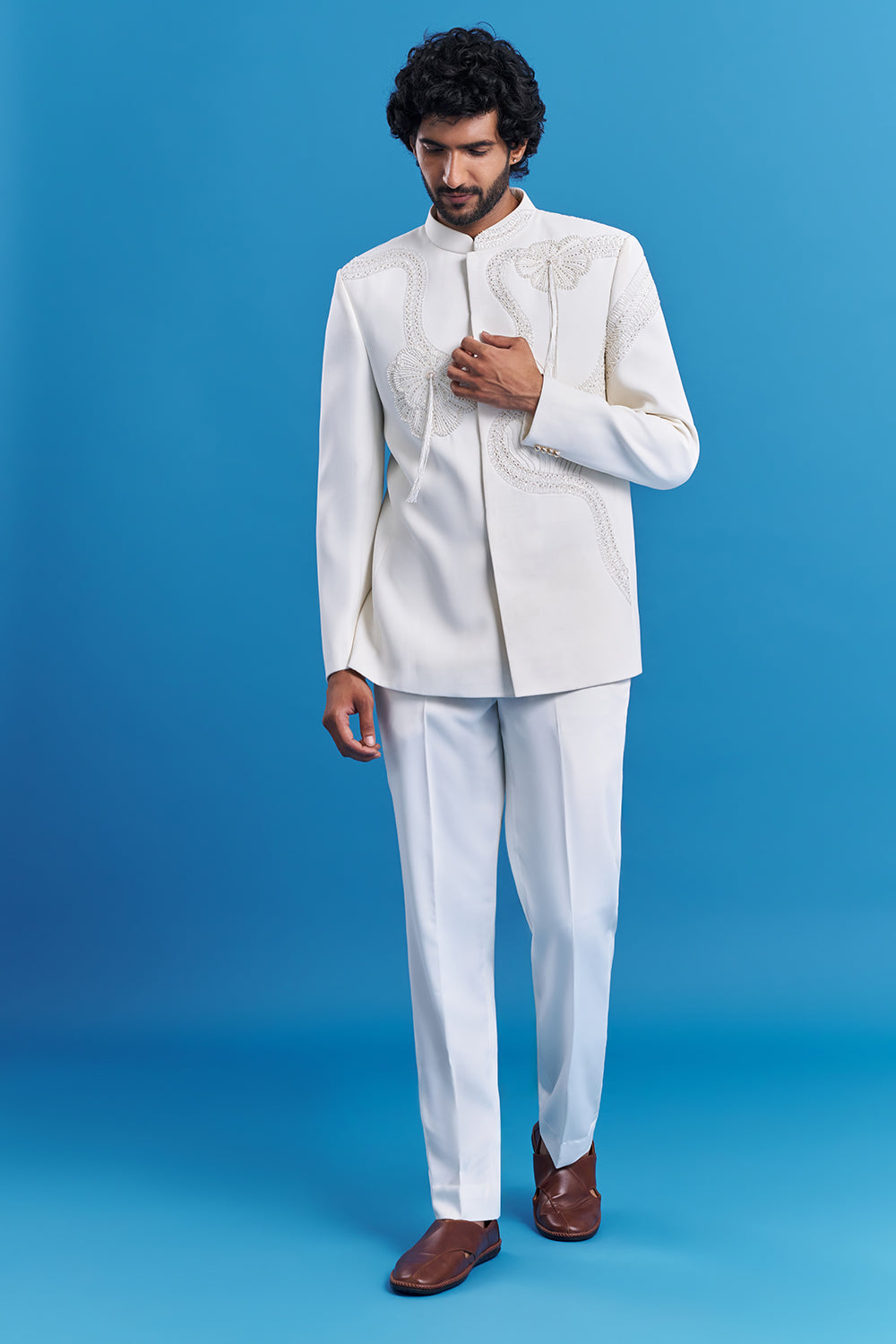 Ivory White Cord Embroidered Men's Indo-Western Suit