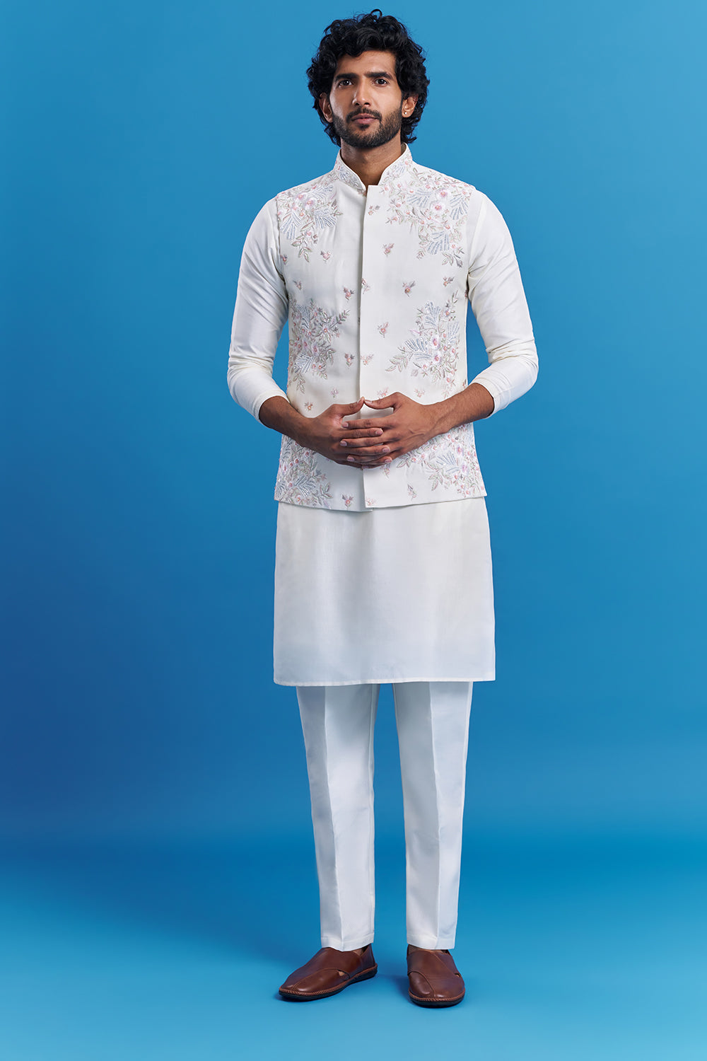 Ivory White Floral Embroidered Men's Kurta Set