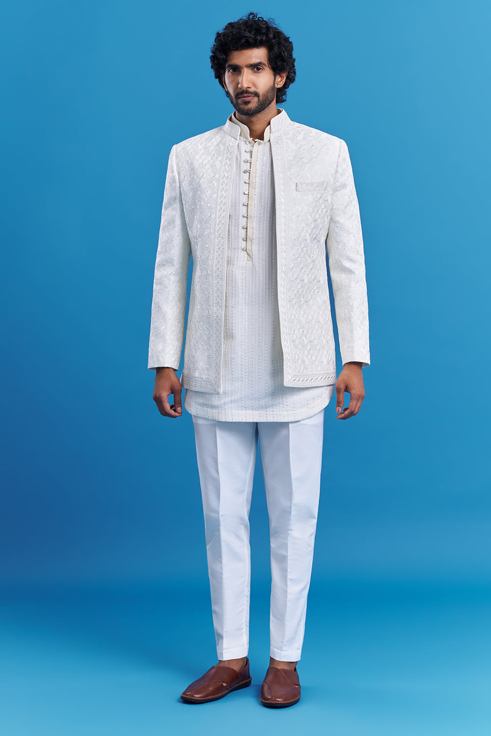 Ivory White Geometric Embroidered Men's Indo-Western Set