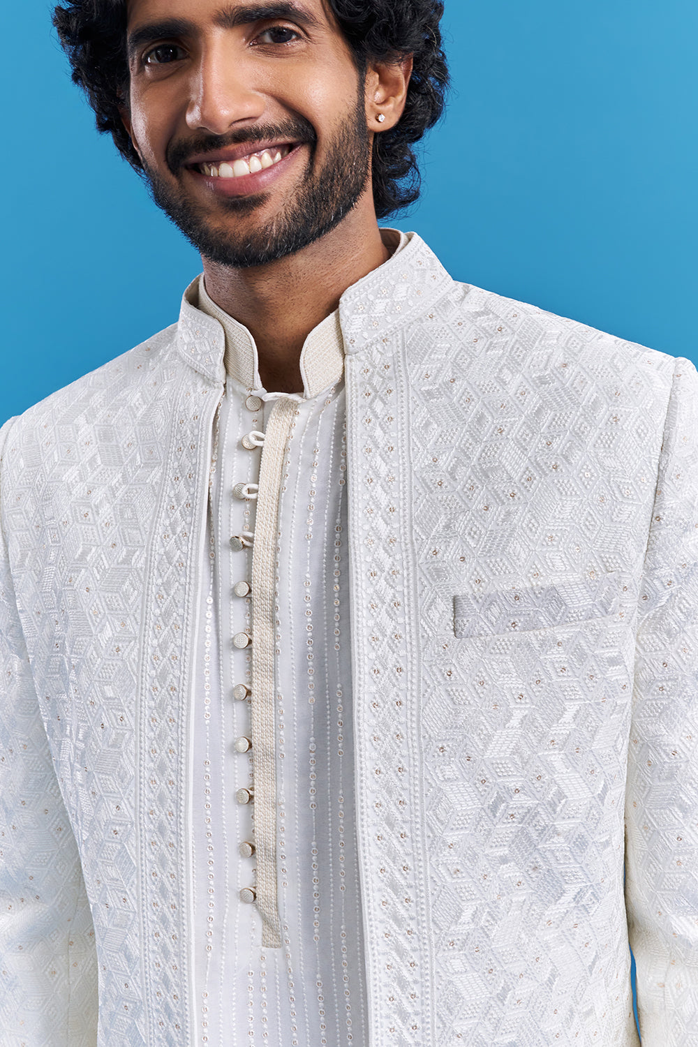 Ivory White Geometric Embroidered Men's Indo-Western Set