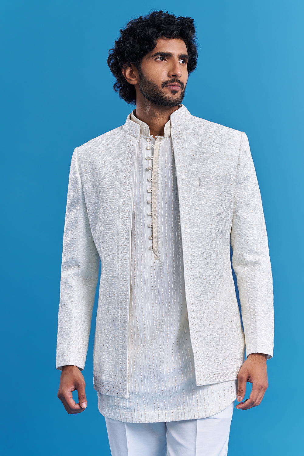 Ivory White Geometric Embroidered Men's Indo-Western Set
