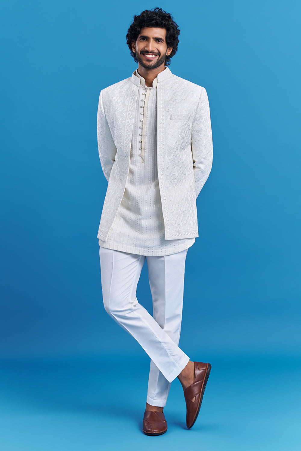Ivory White Geometric Embroidered Men's Indo-Western Set